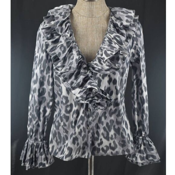 St. John Ruffle Collar Silver Cheetah Print Button Up Top- 8 - Picture 4 of 8